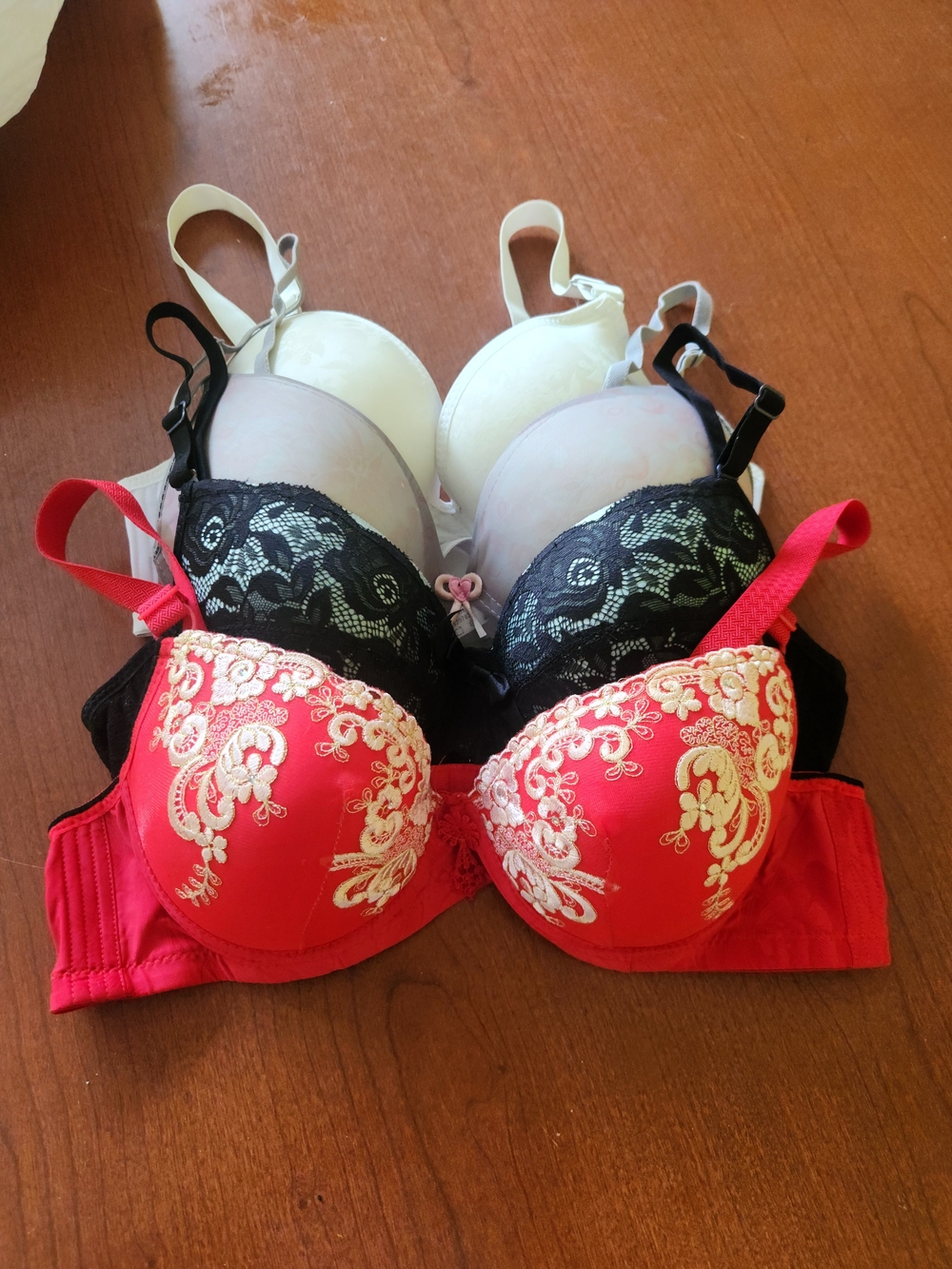 Red Embroidered Push-Up Bra with Ivory Floral Accents